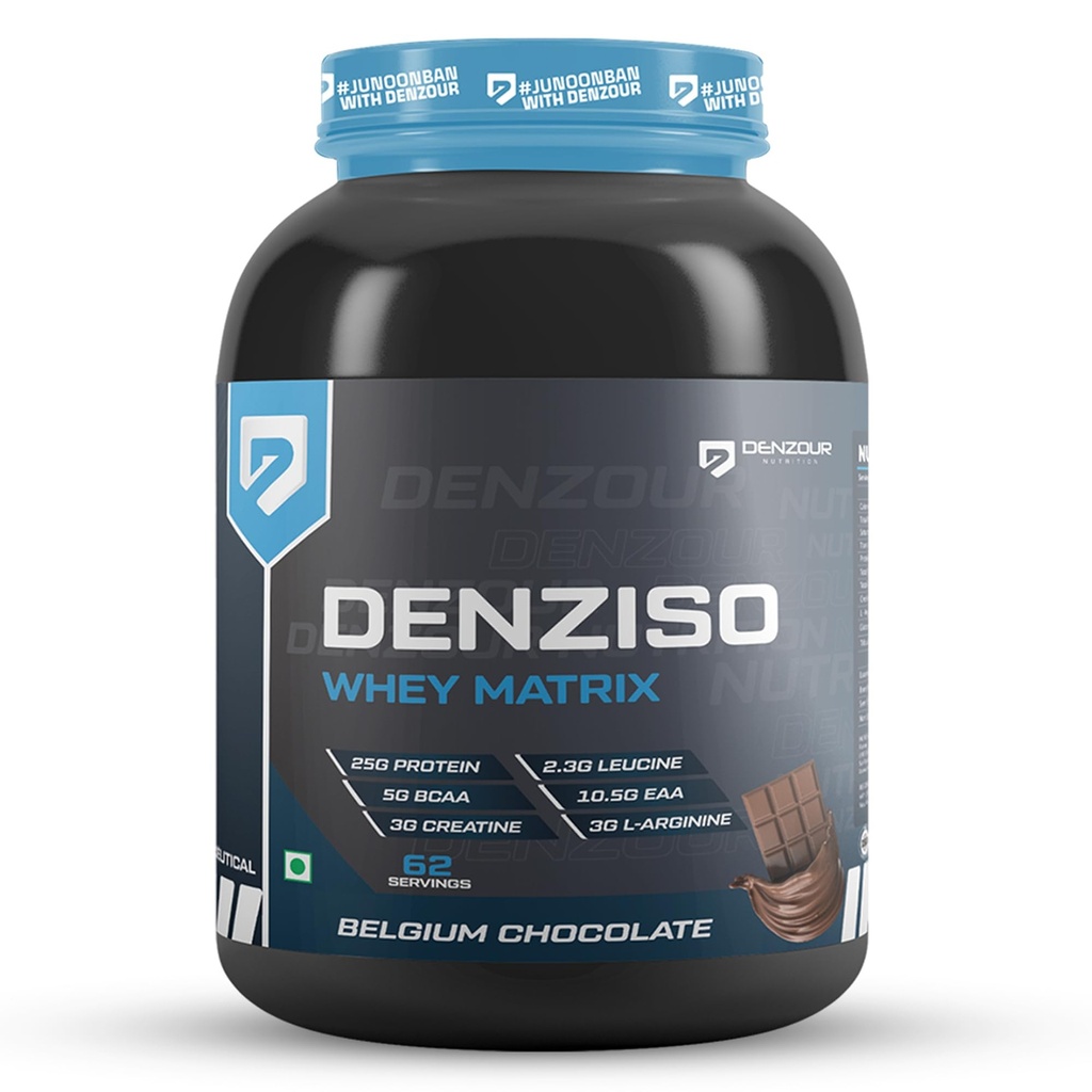 DENZOUR NUTRITION Denziso Whey Protein Powder | 25g Protein, 3g Creatine, 3g L-Arginine, 4g Glutamine | Faster Muscle Recovery & Improved Strength Supplement | Belgium Chocolate | 2.04kg