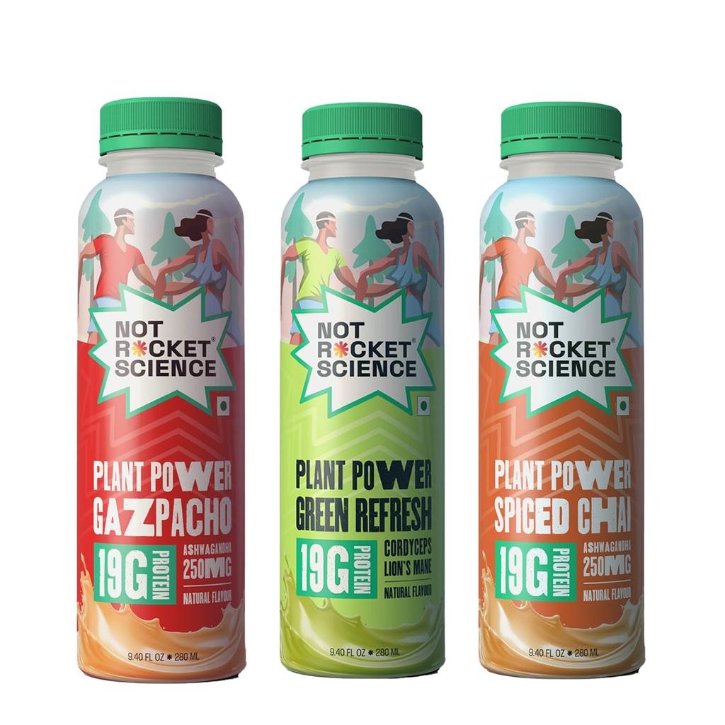 Not Rocket Science Plant Power Combo Pack (Gazpacho, Green Refresh & Spiced Chai) | 19g Plant Protein Shake Each | Gluten-Free | No Artificial Sweetener | With 250 mg Functional Adaptogens | 280ml × 3