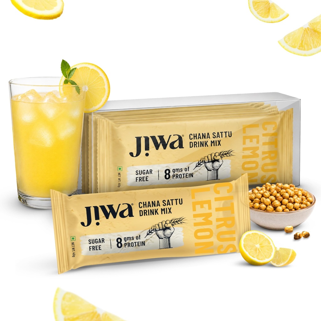 Jiwa Chana Sattu Drink Mix (Pack of 5 x 40g) | Citrus Lemon Flavor | 8g Protein per Serving | Sugar Free, No Preservatives | Patented Cold Pressed Sattu | Instant Energy Drink | Healthy Drink For All Ages