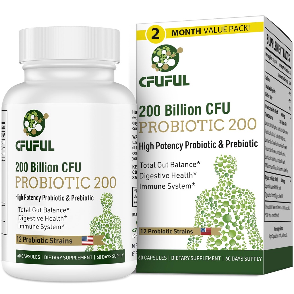 Probiotiques pour les femmes et les hommes, 200 milliards CFU 12 souches avec 3 prébiotiques organiques et probiotiques pour la santé digestive Gut, Immune, Bloating & Gas, énergie, santé globale, plateau stable - 2 mois d'approvisionnement