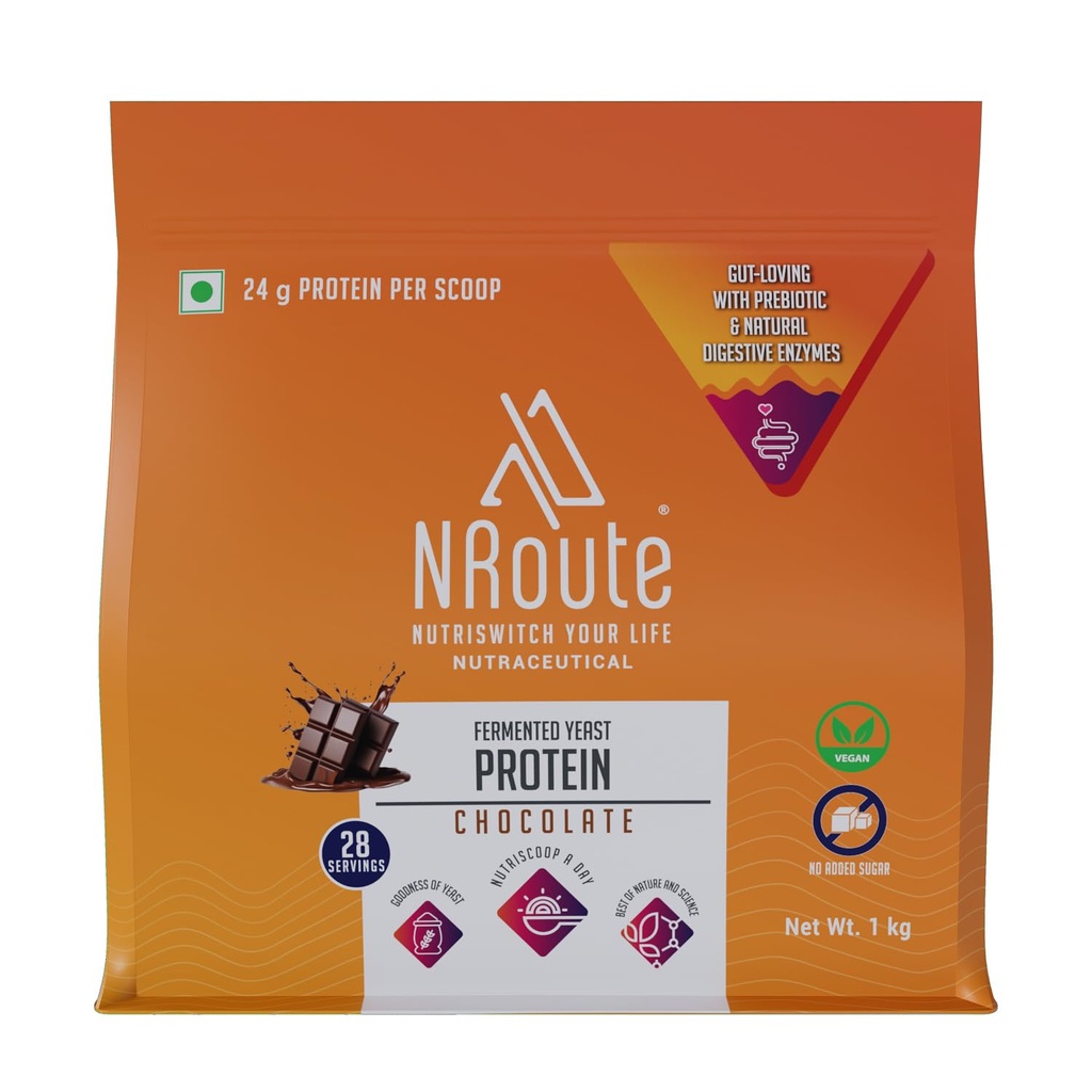NRoute Fermented Yeast Protein Powder Chocolate Flavor 1kg Vegan Plant-Based Protein 24g Protein Per Scoop Prebiotic & Enzyme Blend Supports Muscle Recovery & Daily Nutrition