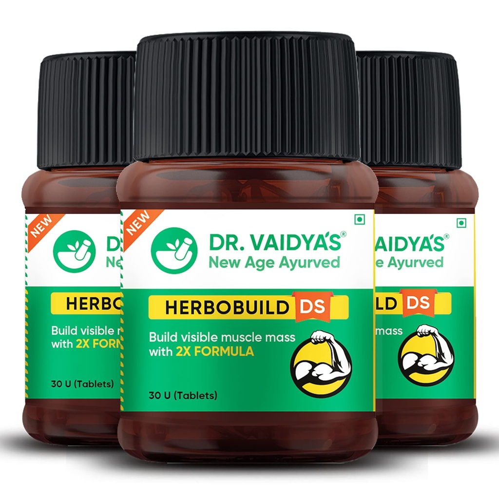 DR. VAIDYA'S new age ayurveda Herbobuild Ds (Double Strength) Capsules | Ayurvedic Muscle & Mass Gainer For Enhanced Stamina & Peak Fitness | 30 Tablets per Pack | Pack Of 3