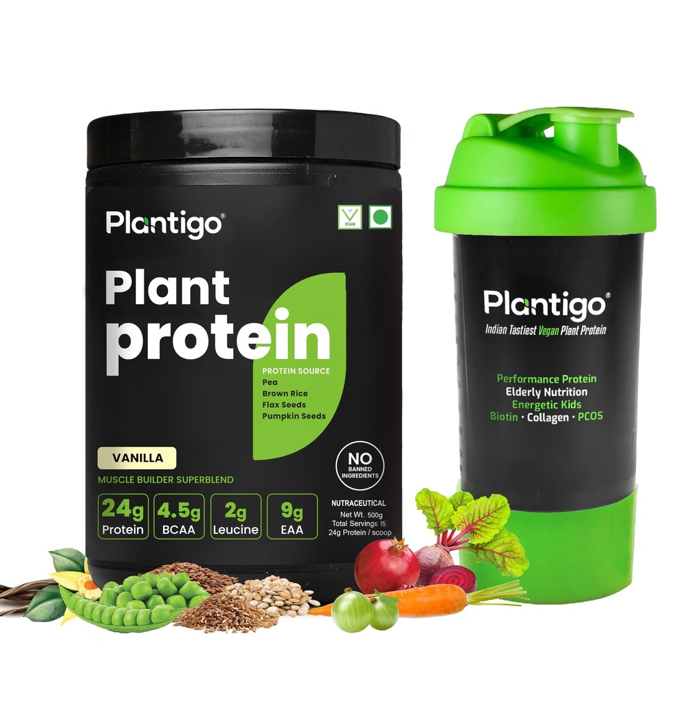 Plantigo Clean Plant Protein Powder for Men, Women - 24g Protein, 4.4g BCAA, 2g Leucine, Antioxidants, 11 Vitamins, 8 Minerals, Brown Rice, Pea Protein (Vanilla Flavored + Sipper Bottle 600ml)