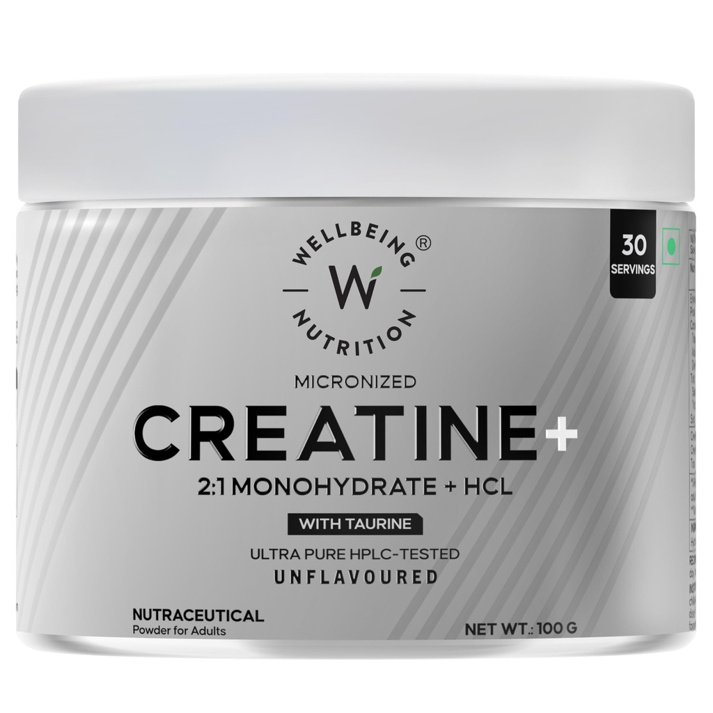 Wellbeing Nutrition 100% Pure Micronised Creatine Powder Monohydrate + HCL | Taurine | For Muscle Strength & Recovery, Muscle Growth & Cognition | Unflavoured,100g, 30 servings For Men & Women