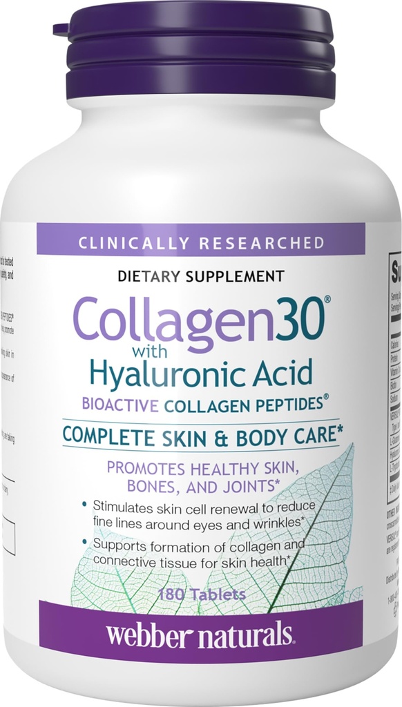 Webber Naturals Collagen30 avec acide hyaluronique, peptides de collagène bioactif, 180 comprimés, aide à réduire les rides des yeux et la ligne faciale fine, non OGM