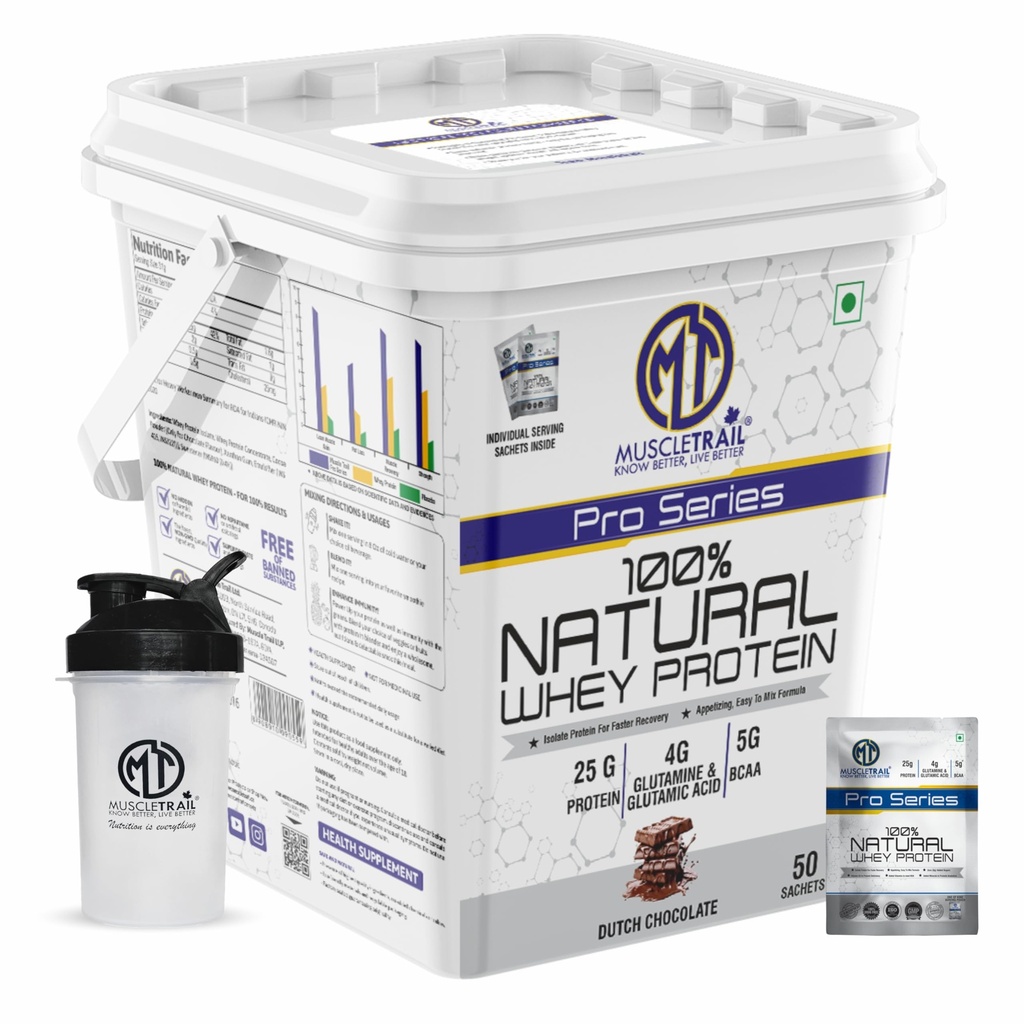 MuscleTrail Pro Series Whey Protein, 50 Pouches, 25g Protein, Isolate Source, Low Carb, 4g Glutamine & Glutamic Acid, 5g BCAA (1.79kg, Dutch Chocolate)