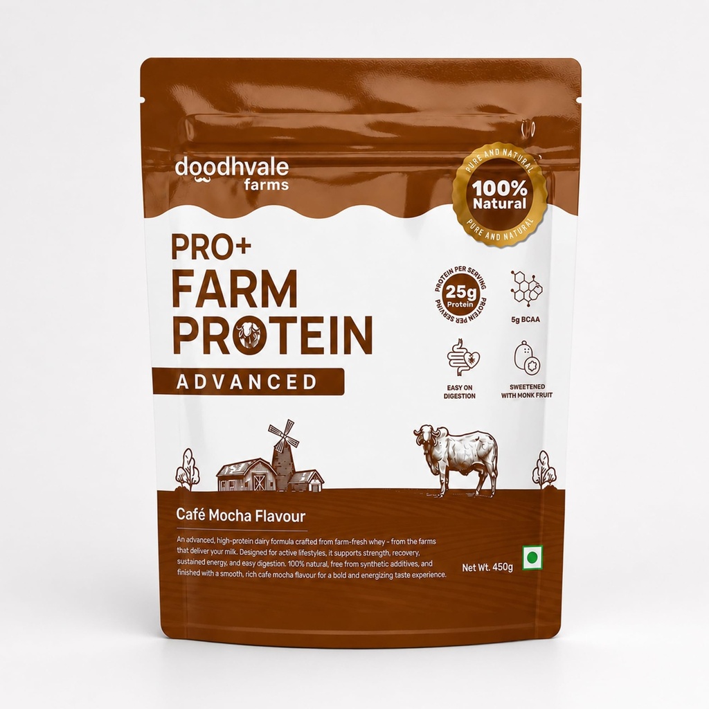 Doodhvale Farms PRO+ Farm Protein Advanced Cafe Mocha | High Protein Powder | for Muscle Recovery & Energy | 450g