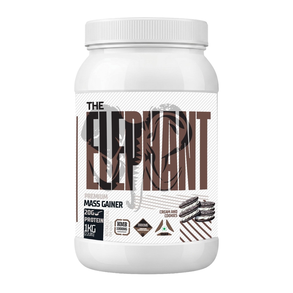 Absolute Nutrition Elephant Premium Mass Gainer | Weight Gainer with 20g Protein, 3000mg Creatine Monohydrate & 1000mg HMB | Muscle Gain Supplement | 1kg (Cream & Cookies)