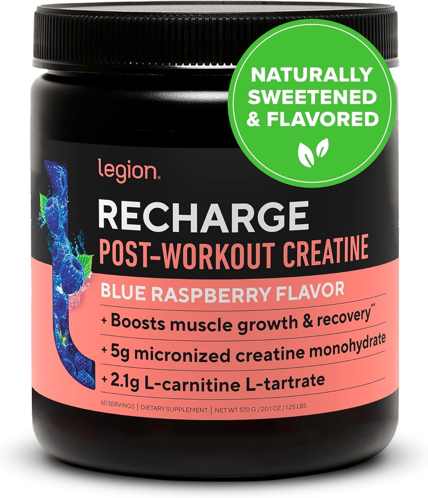 Legion Recharge Post Workout Supplement - Alle natuurlijke spier Builder & Recovery Drink met Micronized Creatine Monohydraat. Natuurlijk zoet en smaakvol, veilig en gezond. (Blue Raspberry, 60 Serving)