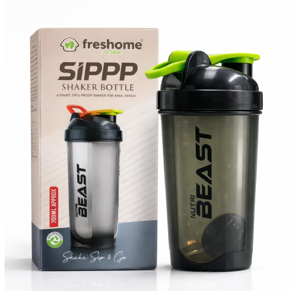 FRESHOME 700ml Protein Shaker Bottle for Gym, Leakproof Gym Shaker Bottle with Mixer, Measurement Markings & Flip Top Lid, BPA Free Workout Sipper Bottle for Protein Shake, BCAA & Supplements