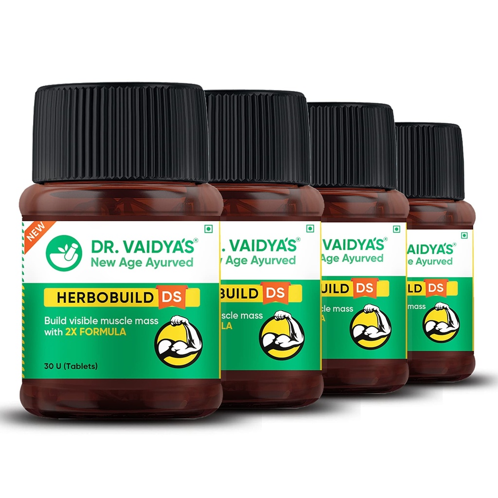 DR. VAIDYA'S new age ayurveda Herbobuild Ds (Double Strength) Capsules | Ayurvedic Muscle & Mass Gainer For Enhanced Stamina & Peak Fitness | 30 Capsules per Pack | Pack Of 4