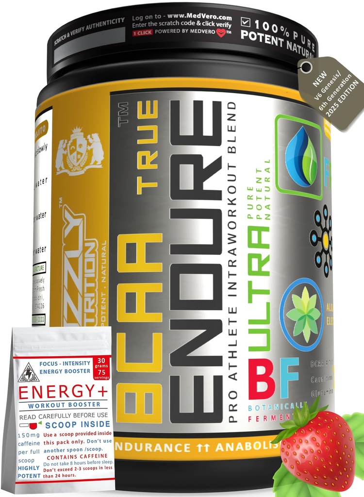 Grizzly Nutrition True Endure 300g - BCAA 4:1:1 Pro Ratio,6th Gen 2026, Up to 60 Servings, 12+ Vitality Boosters, Energy+ Pre-Booster 75 Servings - Platinum Grade (Spanish Strawberry