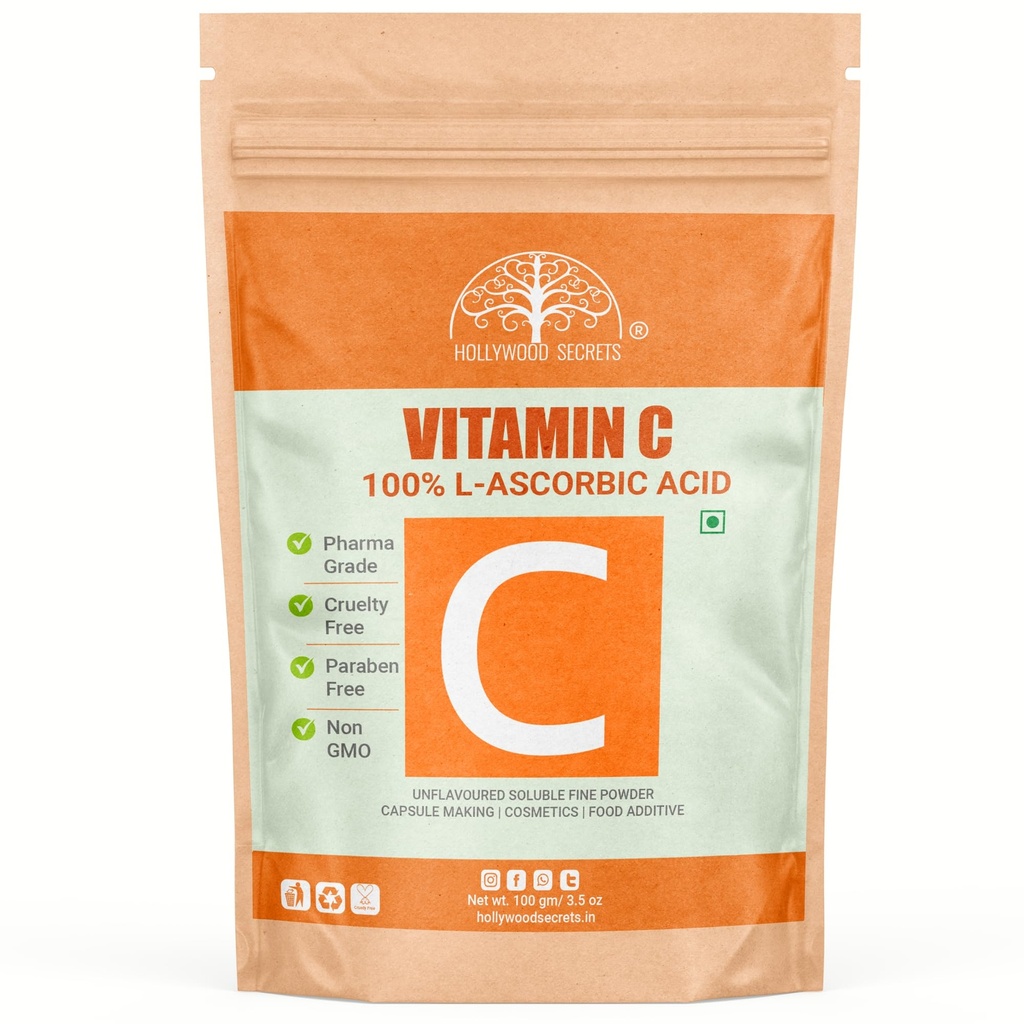 Hollywood Secrets 100% Pure Organic Vitamin C Powder L Ascorbic Acid DIY Serum Making Face Care 100 gm