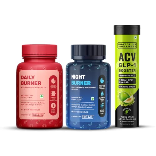 What’s Up Wellness Daily + Night Burner Capsules & ACV Effervescent Tablets Combo | Berberine, GLP1 for Weight Loss | Pack of 3
