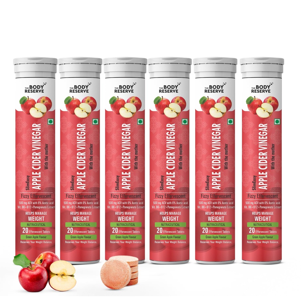 The Body Reserve Apple Cider Vinegar 120 Effervescent Tablets, Acv With The Mother for Weight Loss And Management With Vitamin B6 & B12, Pack Of 6 (Apple Flavour)