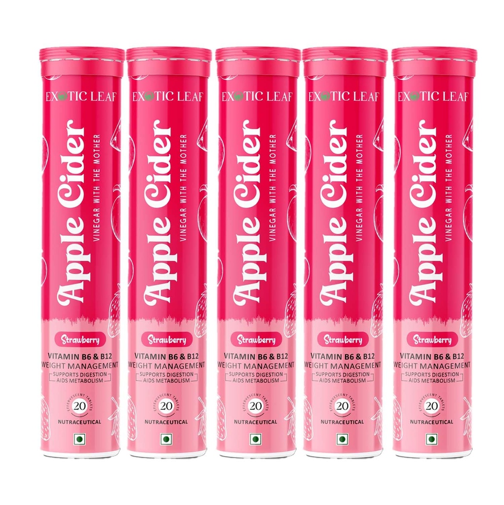 Apple Cider Vinegar Effervescent Tablets with Strawberry Flavour | With the Mother | Supports Detox, Digestion & Weight Management – 20 Tablets Pack of 5