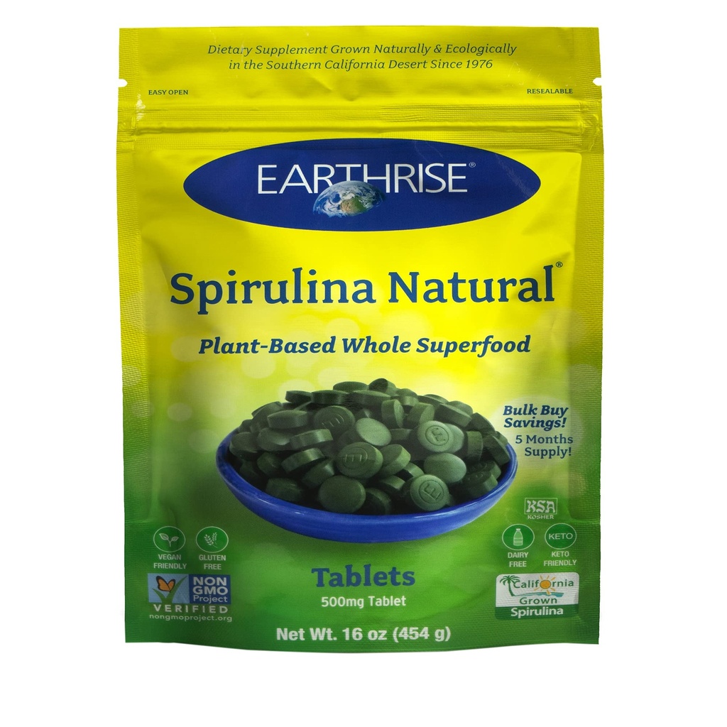 Earthrise Spirulina, Pure Californische Spirulina 500 mg, Vegan, Glutenvrij, Keto Vriendelijk, Non-GMO Super Food high in vitamines en mineralen., 1 LB Tablets (150 Serving)
