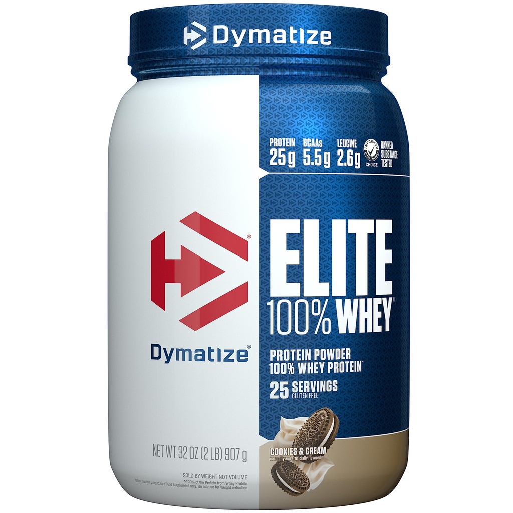 Dymatiseren Elite 100% Wei Proteïne Poeder, Cookies & Crème, 25g Proteïne, 5.5g BCAA's, Minder dan 140 Cal., Glutenvrij, 3g Kool, 2g Suiker, 3g Vet (25 Serven)