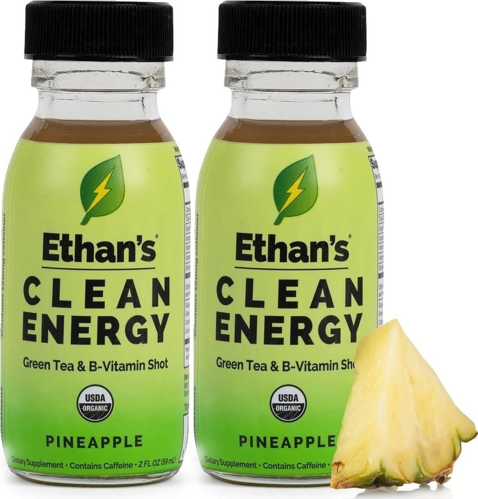 Ethan's Organic Clean Energy Shots Ananas, Sugar Free Natural Pre-Workout Focus Boost, Glutenvrij, Veganistisch, B6 & B12 Vitamine C met Green Tea Extract en Guayusa (2 Pack of 2oz Shots)
