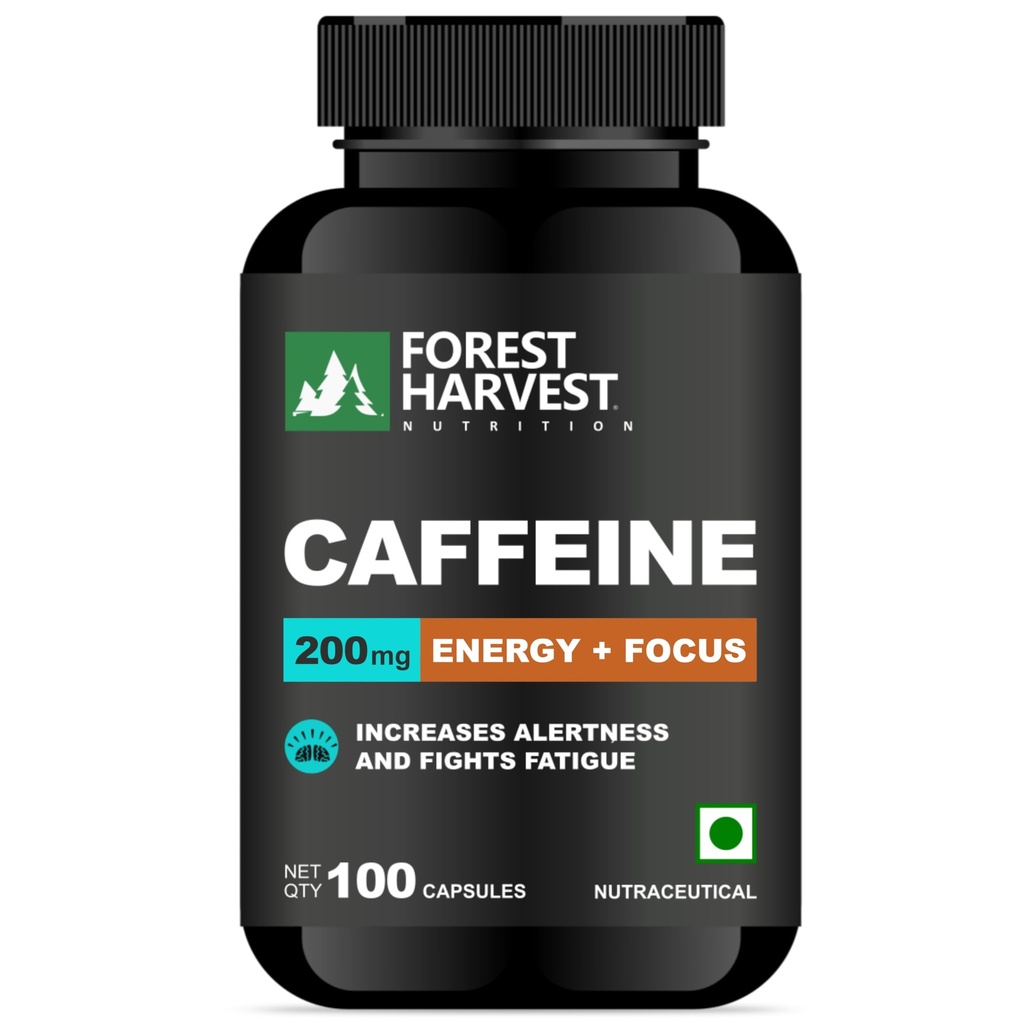 Natural Caffeine 200 mg | 100 Veg Capsules | Instant Energy, Focus & Alertness | Pre-Workout & Cognitive Support | 100% Vegan