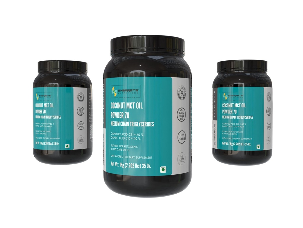 Sharrets Coconut MCT Oil Powder 70% 1KG x 3- Premium Medium Chain Triglycerides for Athletes, Sports Supplements, and Keto Enthusiasts.