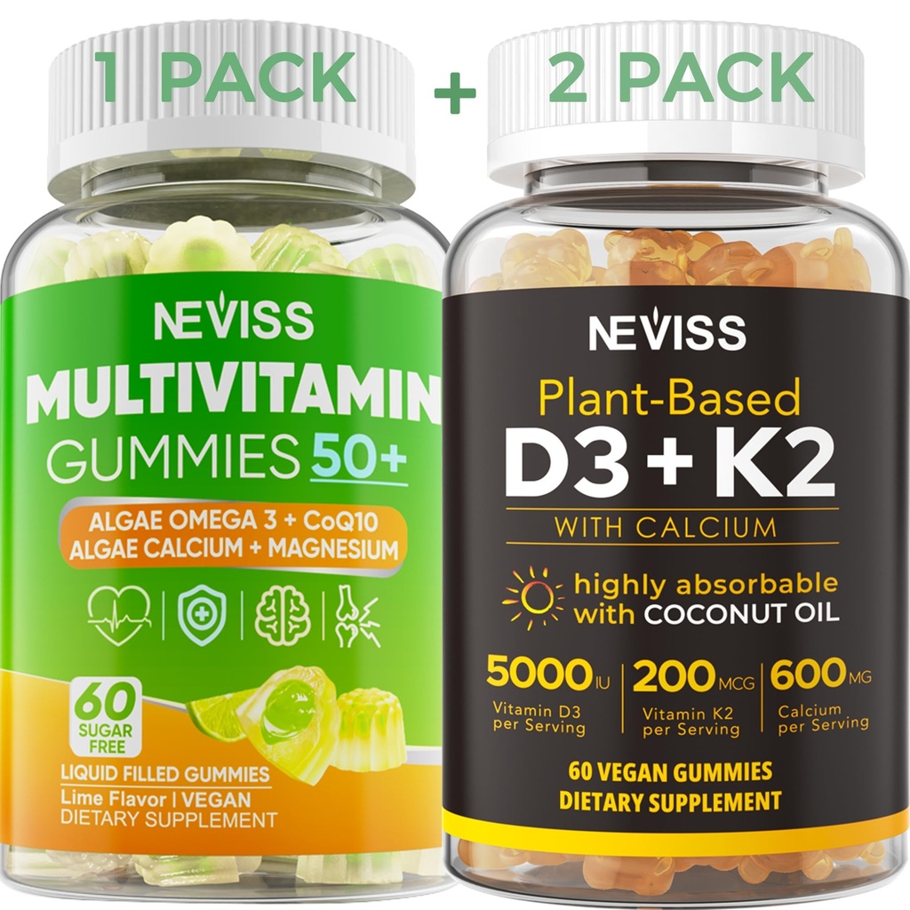 NEVISS 50+ Dagelijkse Gummy Multivitamine Algen Omega 3 & Calcium, CoQ10, Magnesium + Vitamine D3 5000IU Gummies 125mcg met Calcium 600mg, K2(MK7) 200mcg