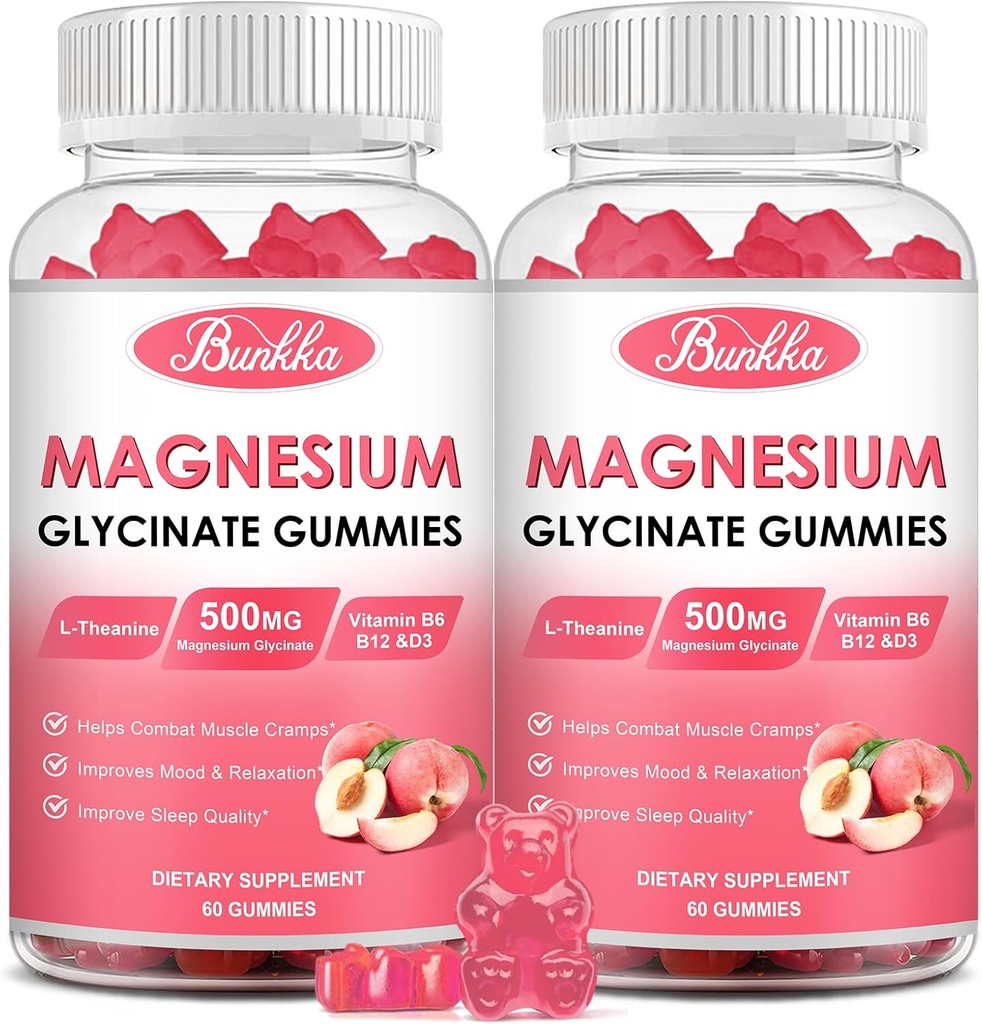 (2 Pack) Magnesium Glycinate Gummies-Magnesium Glycinate 500mg, Magnesium Complex Supplement met Kalium, VitamineD, B6 voor Kalmte, Slaap&Stress Relief-Sugar Free, 120 Perach Magnesium Gummies