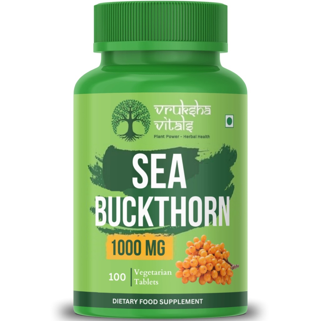 Vruksha Vitals Sea Buckthorn 1000 mg - 100 Tablets/Capsules Berry powder - Cold Pressed Oil Vegetarian Omega 3,6,7,9 for Skin Glow, Hair, Immunity & Gut Health Supplement - Vitamin-A,K,C,E and Antioxidants