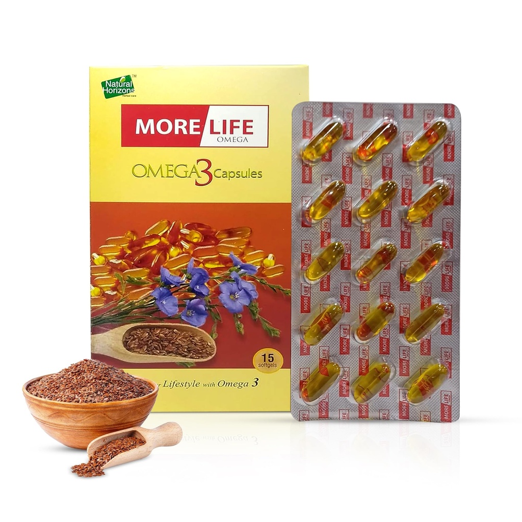 More Life Omega 3 Flaxseed Oil Capsules | Plant-Based Omega 3 Supplement for Heart, Joint & Skin Health | Supports Hair Growth & Lipid Balance | 15 Softgels | Pack of 1
