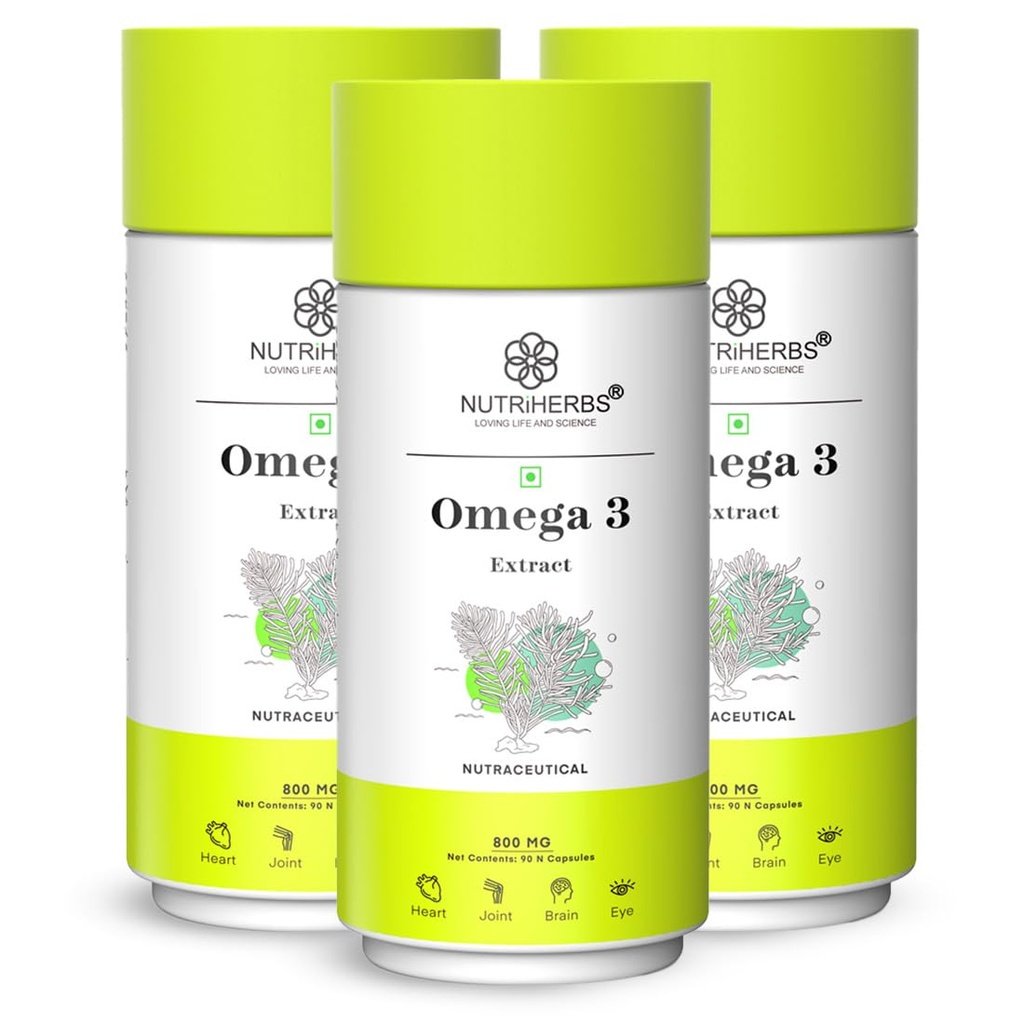 NUTRI HERBS Vegetarian Omega-3 Fatty Acids 800mg Capsule– Plant-Based DHA & EPA omega 3 supplement | Supports Joint, Eye & Skin Health | No Fish Oil | for Men & Women | 90 Capsules Pack of 3 ( for men & women)