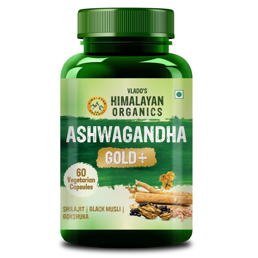 Vlado's Himalayan Organics Ashwagandha Gold - 1040 MG Supplement I With Pure shilajit, Safed Musli, Gokshura, Kaunch Beej, 24 Carat Swarna Bhasma, True Gold I 12+ Herbs I 100% Ayurvedic I max Potency, Power & strength I For Stamina, Muscle Growth & Energy I Helps in Stress & Sleep Management | Improves Gym Performance | For Men & Women- 60 Veg Capsules