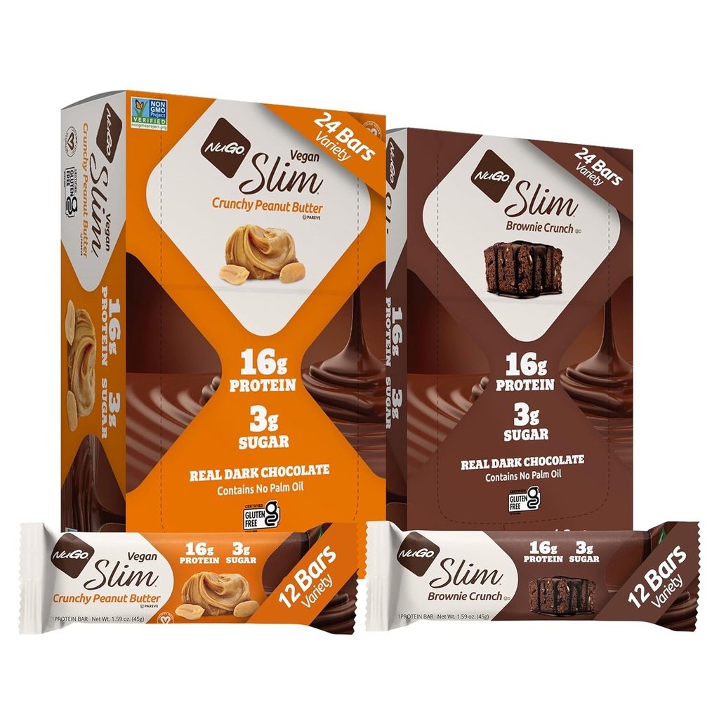 NuGo Slim 24ct Variëteit - Crunchy Peanut Butter 12 bars & Brownie Crunch 12 bars, 16g proteïne, Keto vriendelijk, Glutenvrij, 24 telling