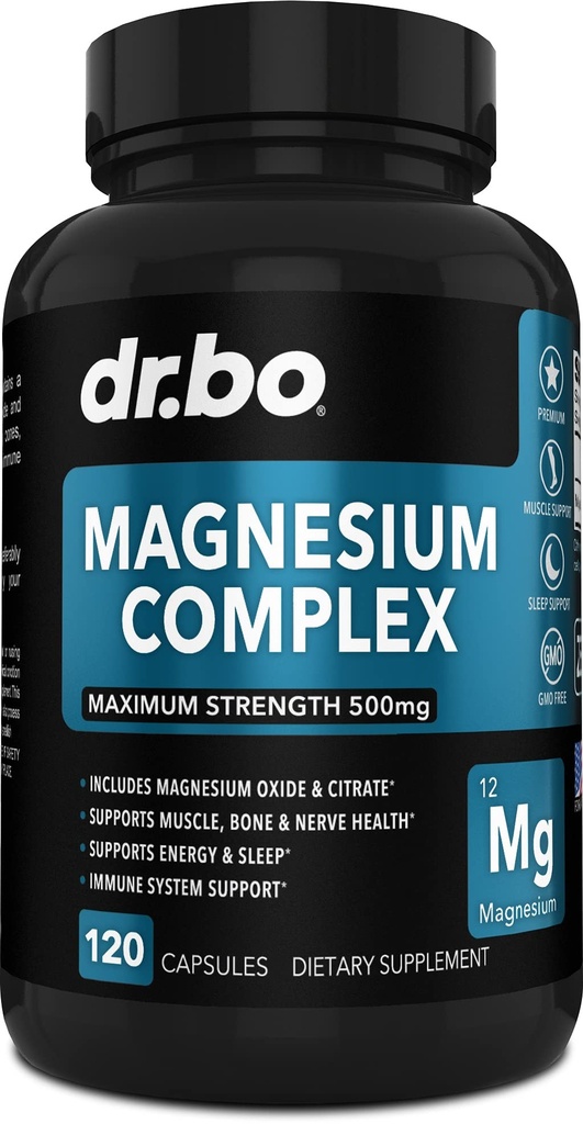 Capsules de supplément complexe de magnésium 500mg - Soutien énergie, relaxation, crampes et jambes - Aide Suppléments de soutien musculaire - Haute absorption Mag Citrate d'oxyde - 120 Capsules