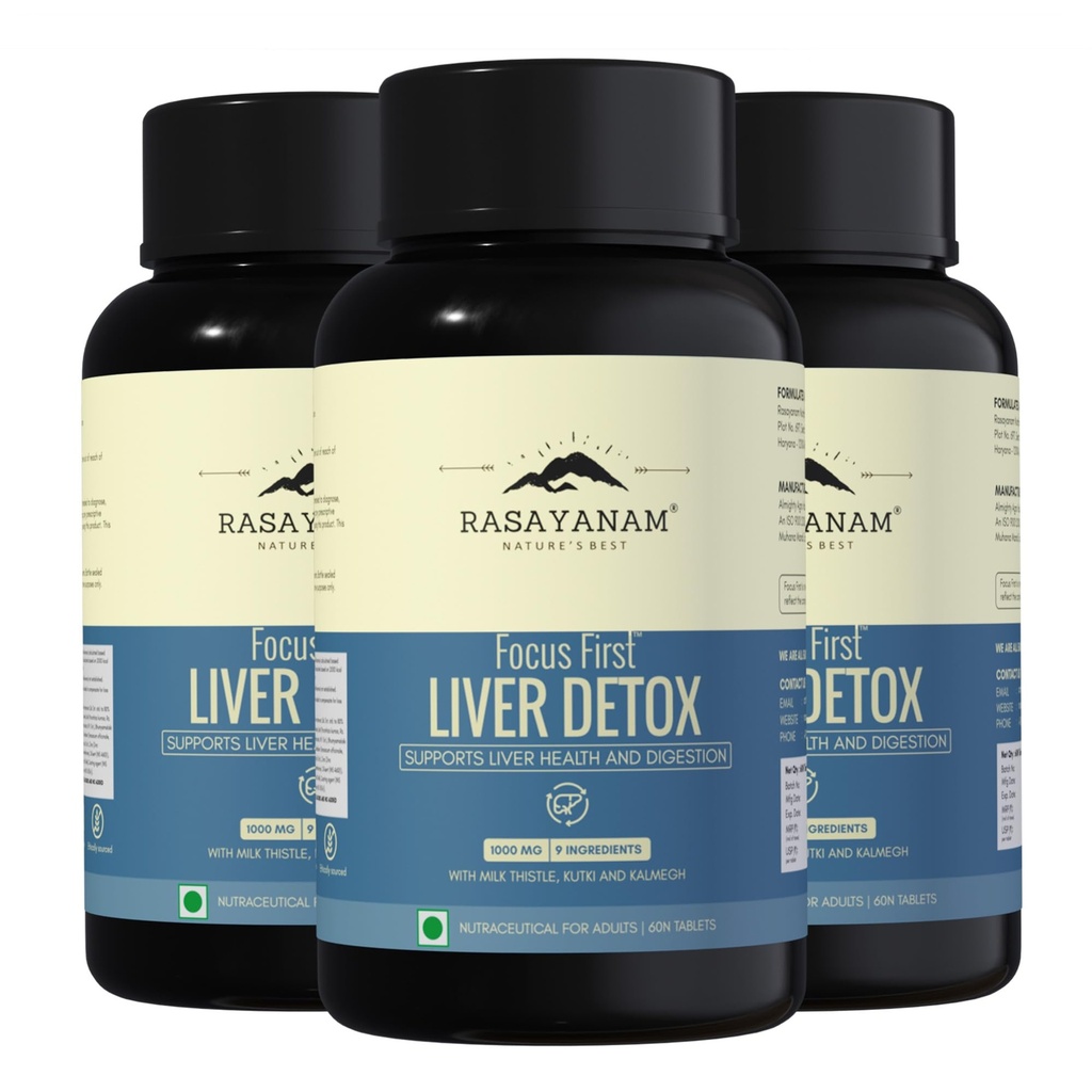 Rasayanam Liver Detox Supplement 1000mg | Milk Thistle and NAC | 80% Silymarin | Added herbs like Kutki, Kalmegh, Turmeric, Dandelion, Zinc & more | Supports Detox, Digestion, Energy & Daily Liver Wellness - 60 Tablets each (Pack of 3)