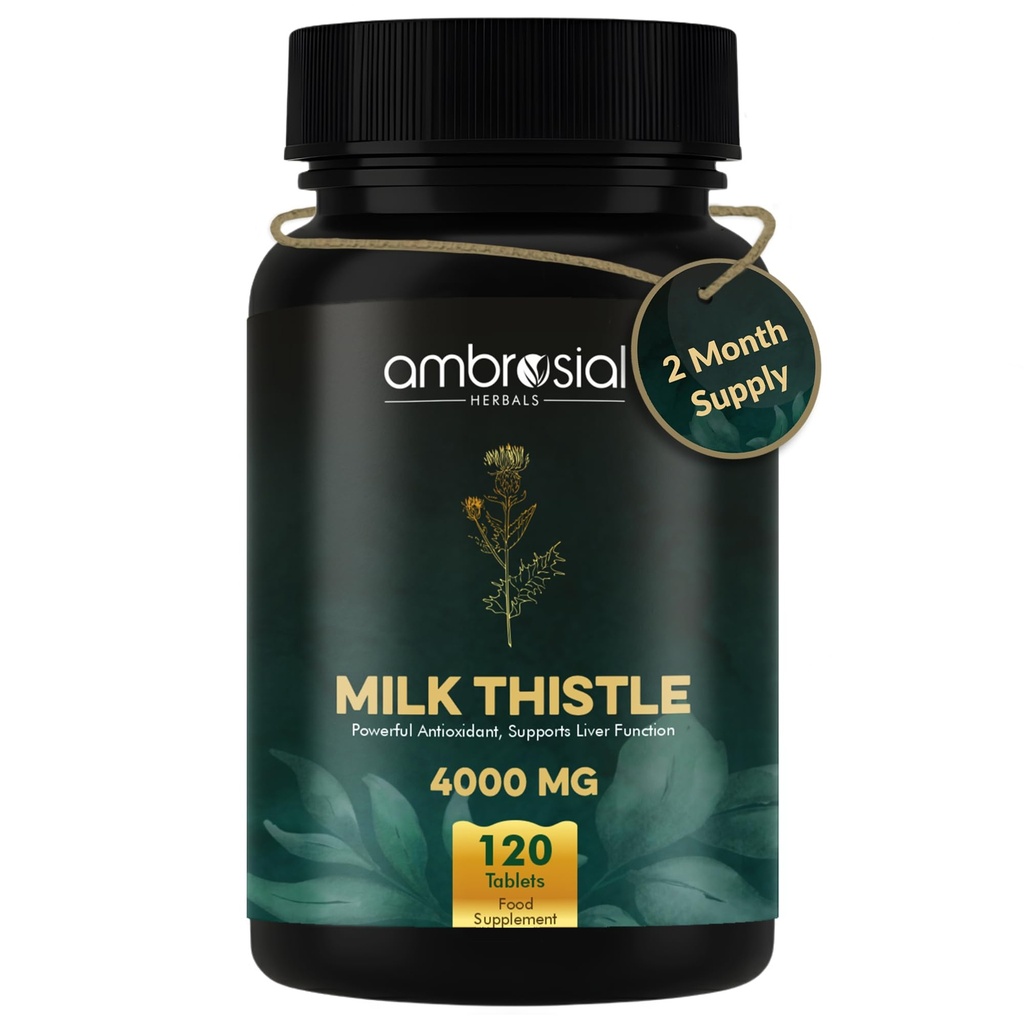 Ambrosial Milk Thistle 4000 mg | High Strength Liver Support Antioxidant | Liver Detox Supplement (Pack of 1-120 Tablets)