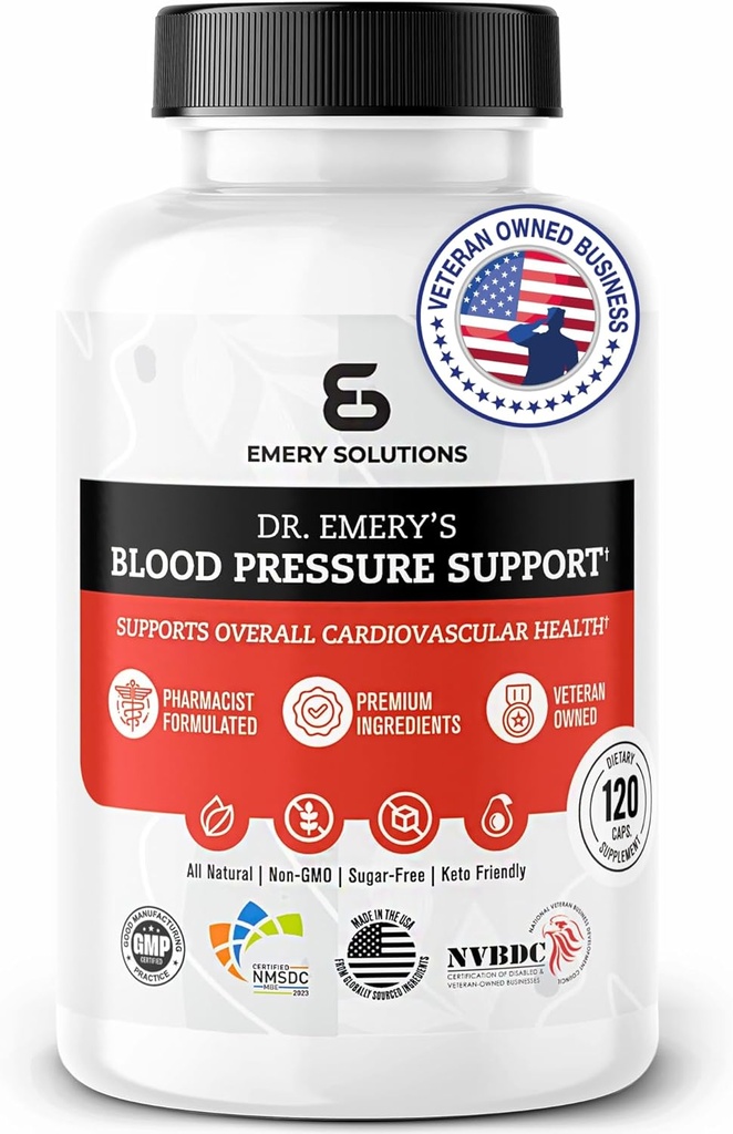 Dr Emery's Blood Pressure Support Supplement met Magnesium, Zink, Vitamine D3, & Kalium, Vegan-Approved, Sugar-Free, samengesteld door klinische apotheker, 120 capsules, 30 dagen levering
