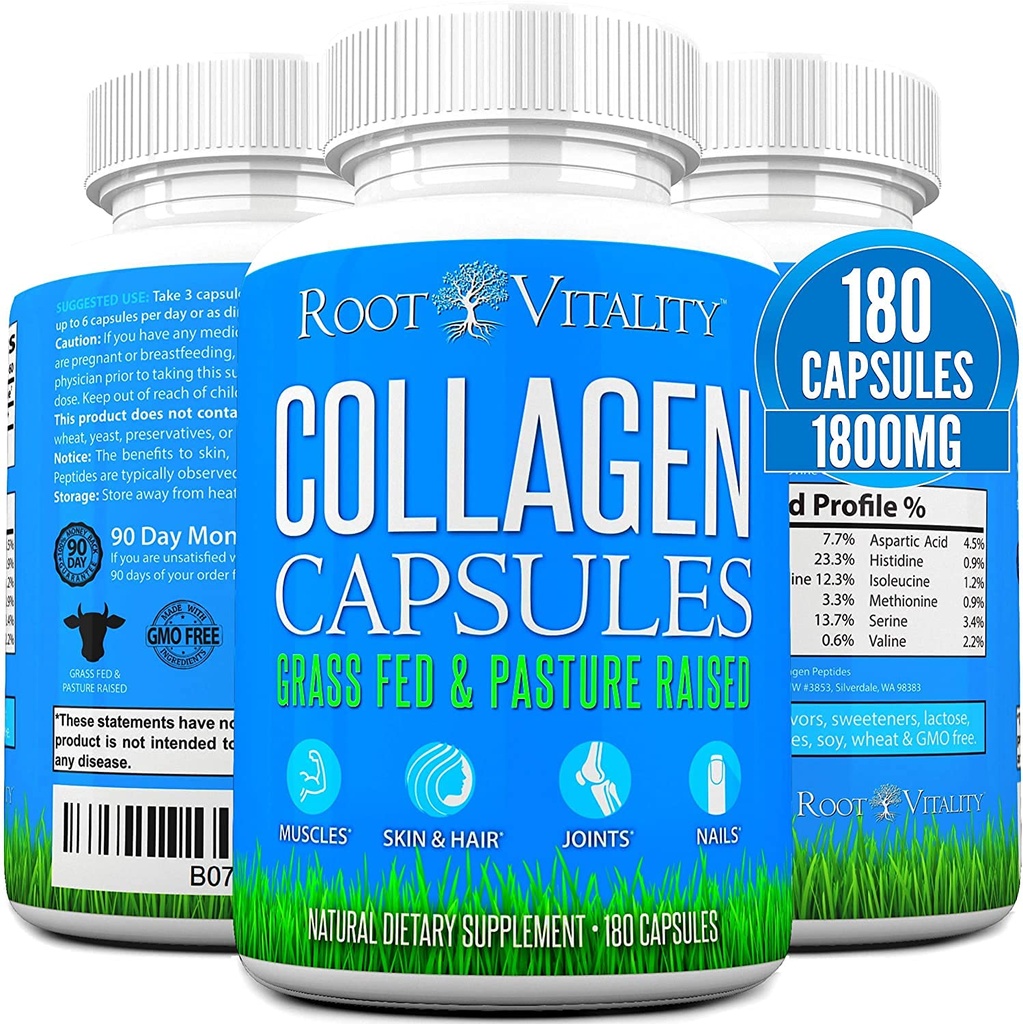 Root Vitality Collagen Peptides Capsules - Grass-Fed, Pasture-Raized Gehydrolyseerde eiwitsupplement voor huid, haar, & Nails - Non-GMO, Zero Sugar Daily Pillen voor mannen en vrouwen (180 Capsules)
