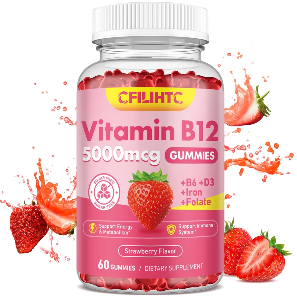 Vitamine B12 Gummies for Women & Men, 5000mcg Methyl B12 Gummies with Vitamin B6, D3, Iron, Folate for Adults, Supports Energy & Metabolisme Boost, Mood, Immune & Nervous System, Sugar Free Strawberry