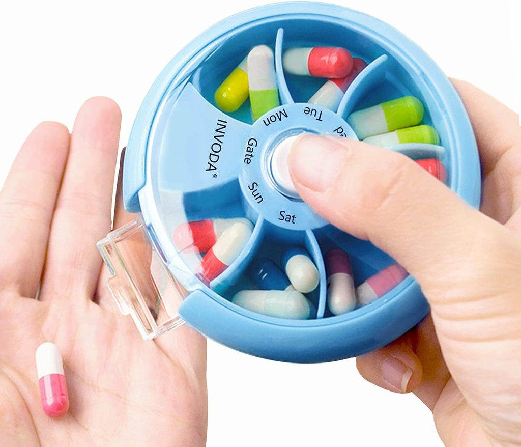 INFODA Weekly pil Organizer 7 Compartiment Rotating Pill Box voor dagelijkse medicatie & vitamines - Portable Travel Pill Case Visolie Supplementen Vitaminen Organisator (Sky Blue)