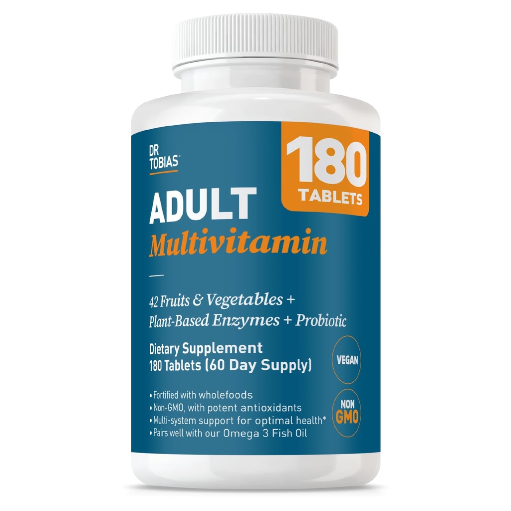 Dr. Tobias Adult Multivitamine voor vrouwen en mannen, Immuun ondersteunende vitamines van 42 Fruit, Groenten, Plus Probiotica, Vegan Multivitaminen voor mannen en vrouwen, Non-GMO, 180 tabletten, 60 porties