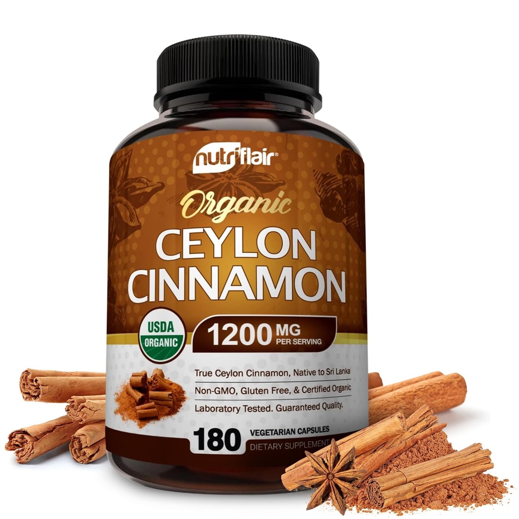 NutriFlair Ceylan biologique cannelle (Certifié 100% Ceylan biologique cannelle) 1200mg par portion, 180 Capsules - Joints, Inflammation, Antioxydant