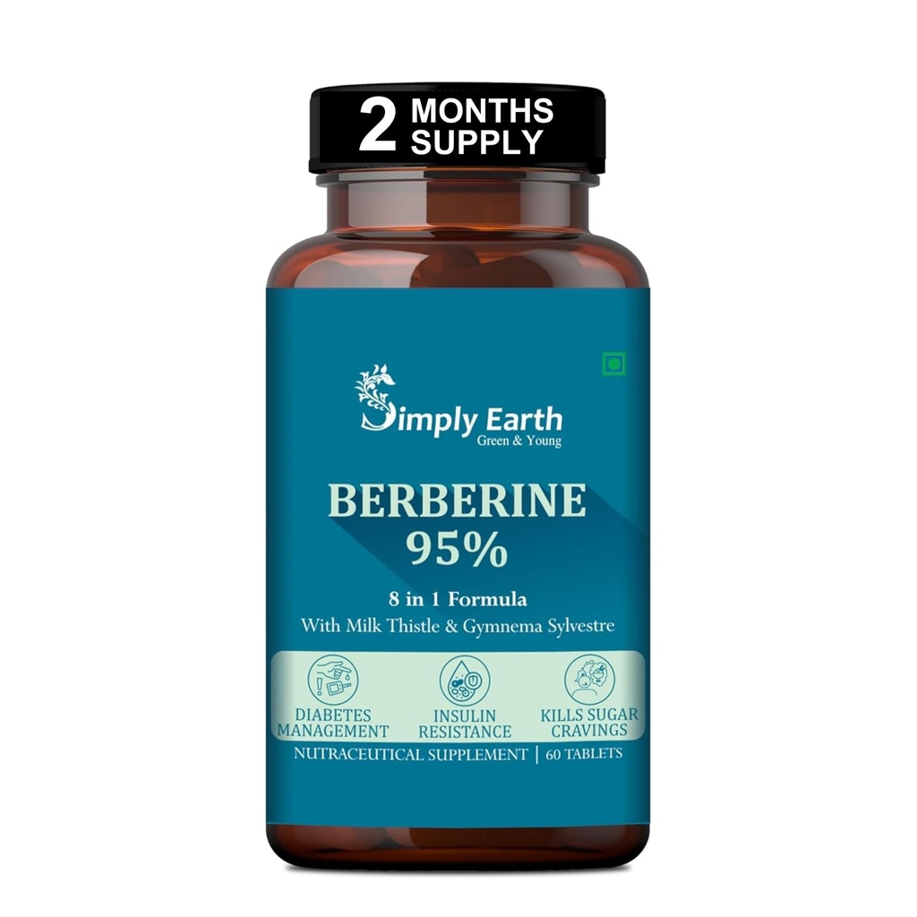 Simply Earth Berberis Berberine 95% (500mg) with Milk Thistle & Cinnamon, Turmeric & Black Pepper - For Optimal Health | Berberine HCL Supplements - 60 Veg Tablets