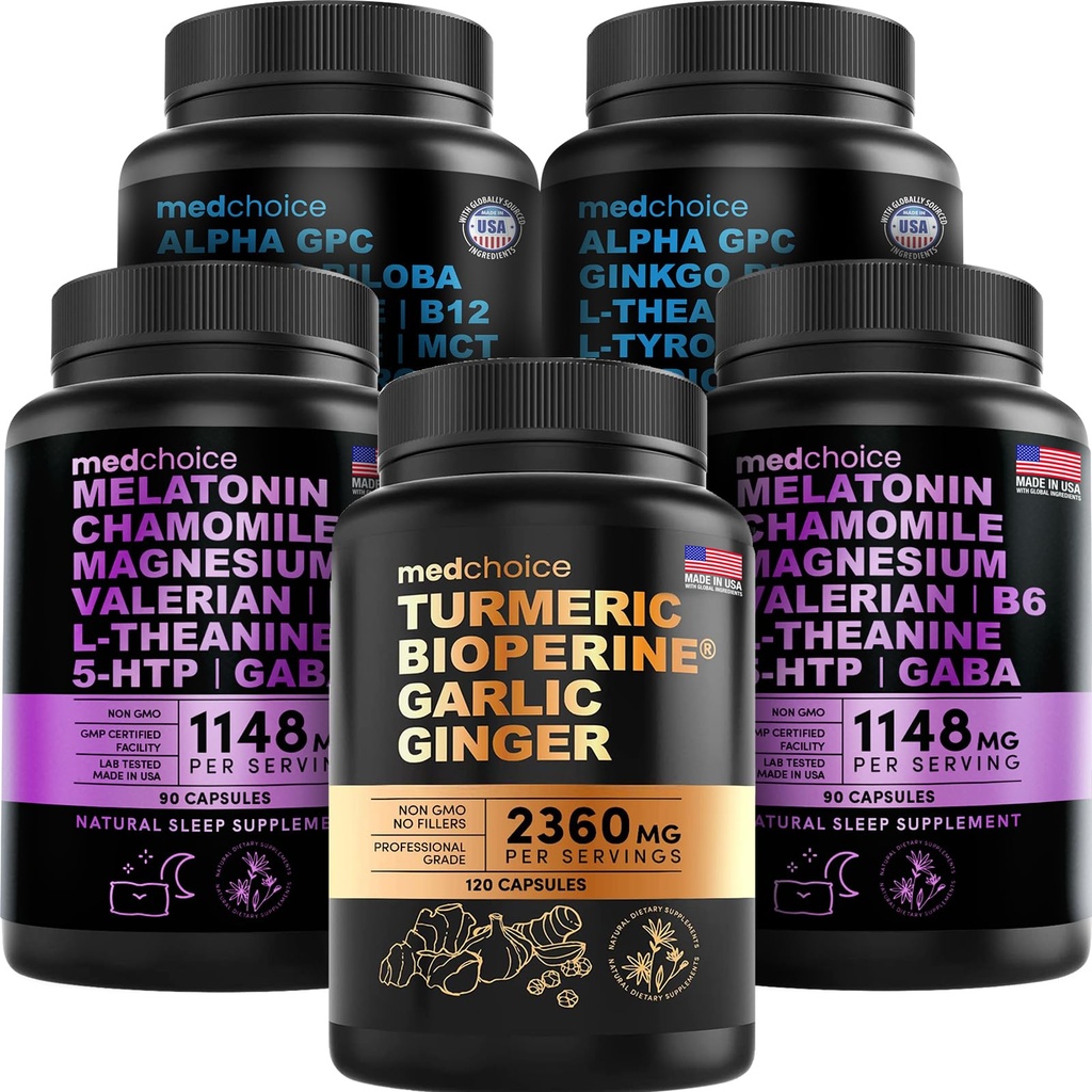 MEDCHOICE Kurkuma & Gember (120ct), Slaap Melatonine (180ct) en Nootropic Brain (120ct) Supplement Bundle - Wellness Trio voor Hersenen, Slapen, & Immune Support - Veganistisch, Non-GMO, Glutenvrij