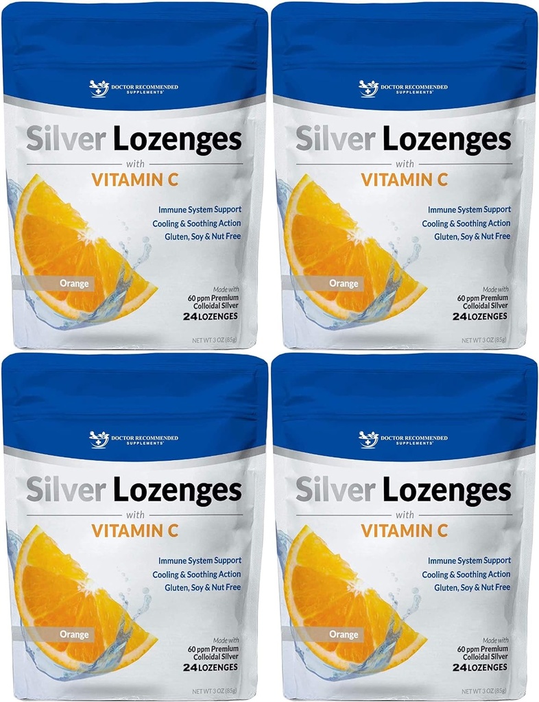 Silver Lozenges met Vitamine C - Premium Nano Silver 60 PPM Colloïdaal Zilver, Biologische Honing en Vitamine C Mineraal Supplement Drops ter ondersteuning van Immune System, Soothe Cough & Throat - Pack of 4