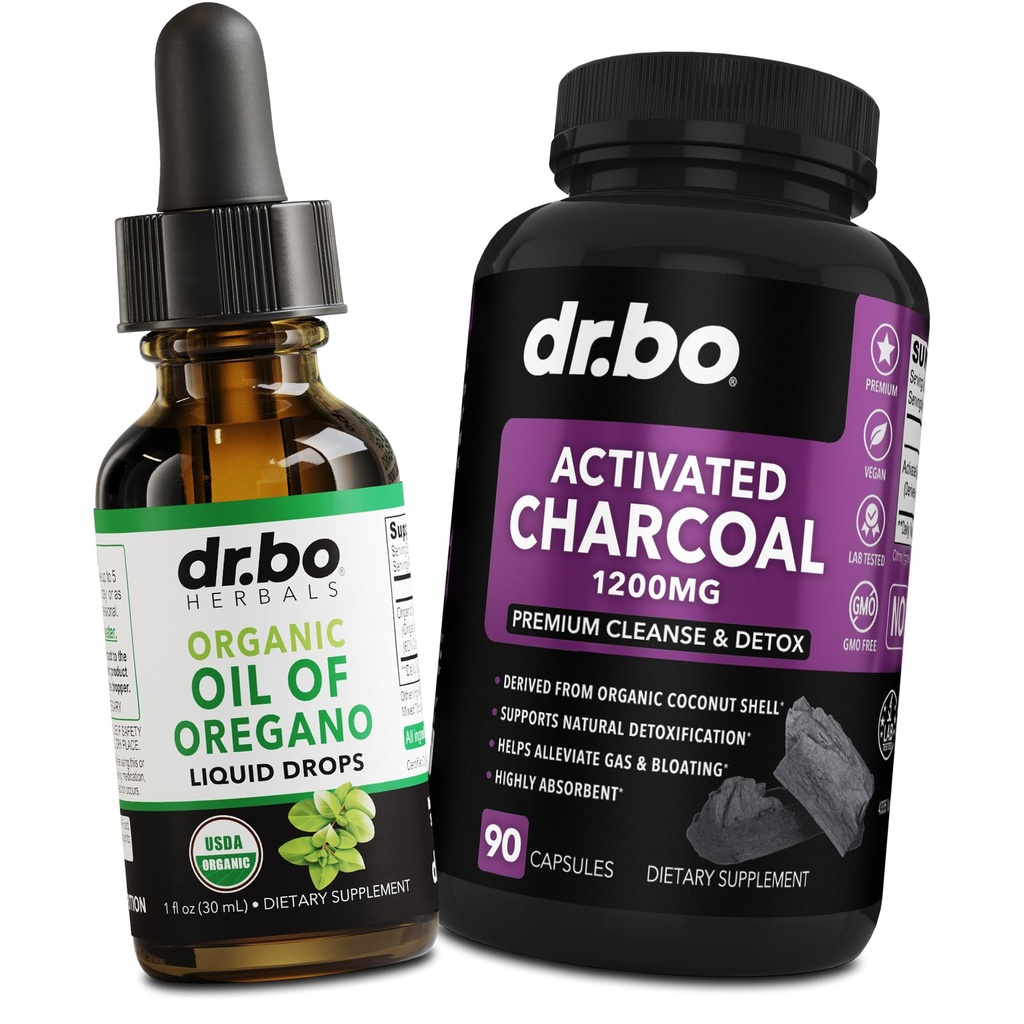 Oregano Olie Biologische Liquid Drops & Charcoal Capsules - Olie van Oregano Drops Tinctuur Extract & Charcoal Pillen voor Maaggas Reinigen Detox Immune Ondersteuning, Digestieve Binder - Biologische