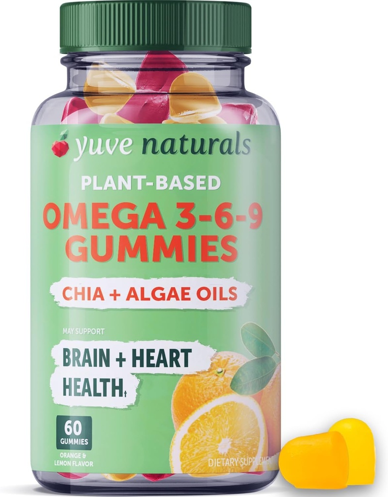Yuve Vegan Omega 3-6-9 & DHA Gummies - Heerlijk voor kinderen, mannen en vrouwen - gemaakt van algen & Chia - NO Visolie, NO Krill - Essential Fatty Acid Supplement - Non-GMO, Glutenvrije, plantaardige - 60ct