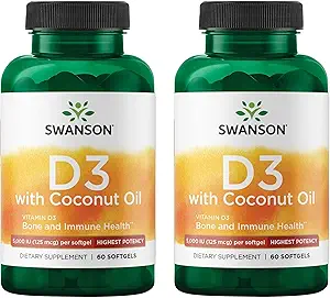 Swanson High Potency Vitamine D-3 w/Coconut - Natural Supplement Promoting Bone Health & Immuun System Support - Kan helpen verhogen Calcium Absorptie - (60 Softgels, 125mcg Elk) (2 Pack)