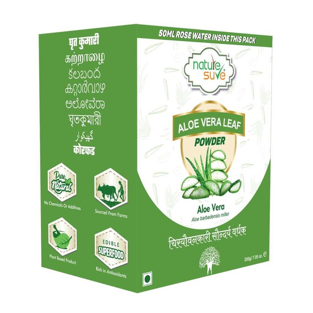 Nature Sure Aloe Vera Leaf Powder 200g with Rose Water 50ml, Aloe Vera Powder for Drinking & Eating, Hair & Skin Care for Men and Women