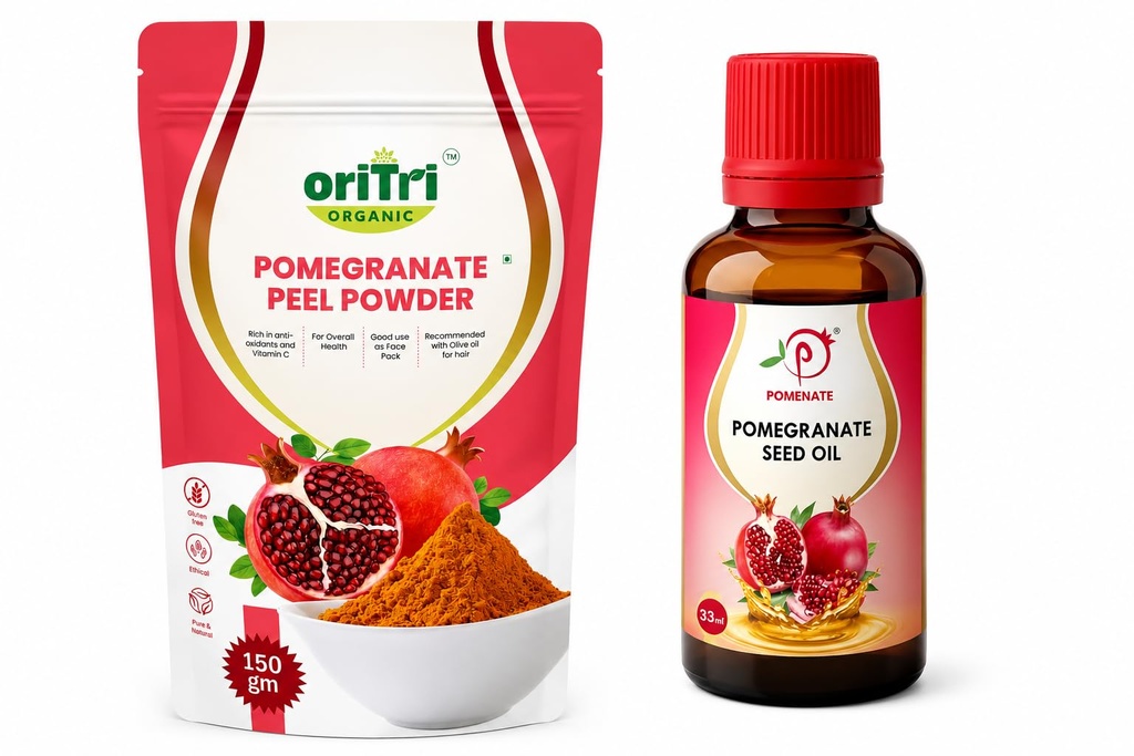 Pomegranate Peel Powder 150gm & Seed Carrier Oil 33ml,For Skin Brightening, Scars, Stretch Marks, Fine Lines, Wrinkles Supports Immunity & Therapeutic Grade for Skin,Hair, Face & Nails