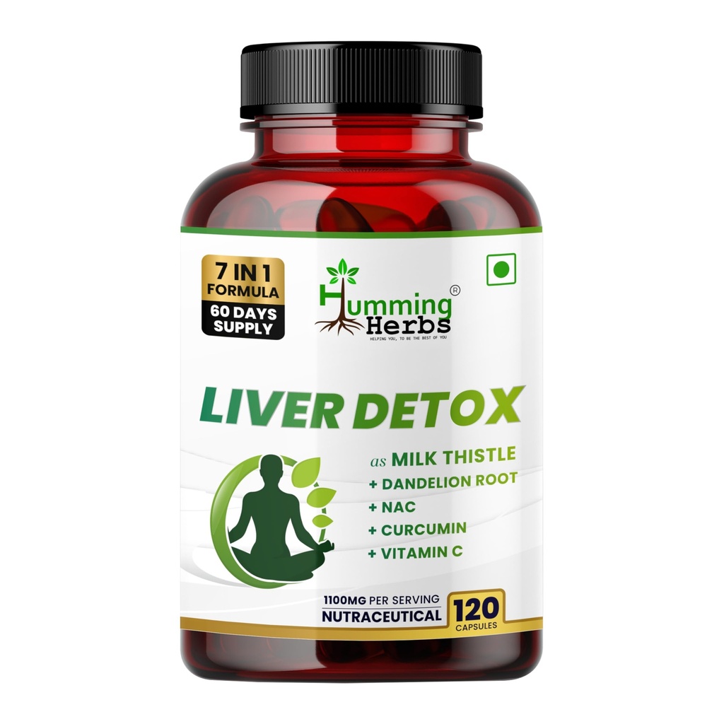 Humming Herbs Liver Detox Supplement | 7-in-1 Formula with Milk Thistle, Dandelion, NAC, Curcumin, Vitamin C, Zinc & ALA | 120 Veg Capsules | 60 Days Supply
